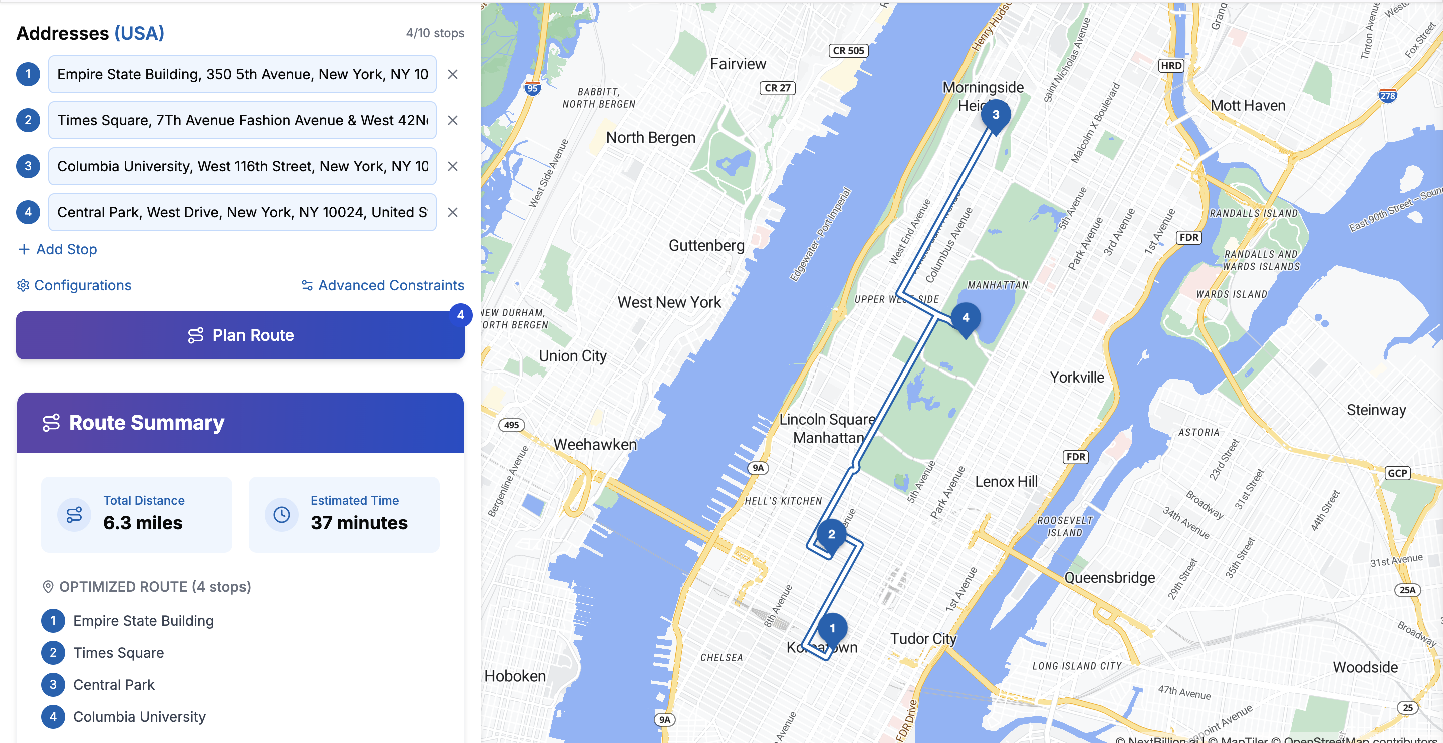 Free Route Planner App interface showing optimized route planning with multiple stops in New York City